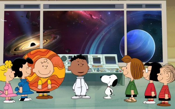 4K Ultra HD wallpaper featuring Snoopy and friends from Snoopy in Space TV show inside a futuristic space station with planets and stars visible through large windows.