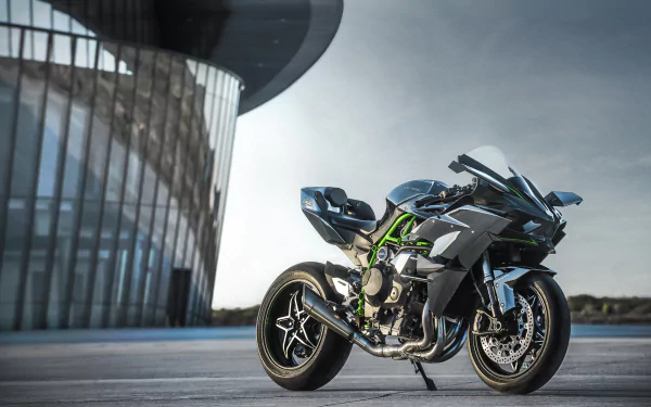 A sleek Kawasaki Ninja H2R motorcycle parked outdoors, showcased as an HD PC desktop wallpaper and background.