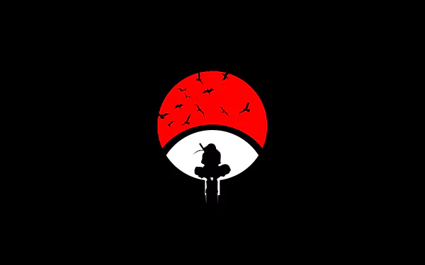 4K Ultra HD Naruto anime desktop wallpaper featuring Itachi Uchiha silhouette against the Uchiha clan symbol with a red sun and flying crows on a black background.