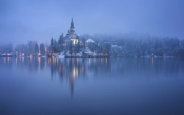 lake bled Slovenia winter religious Assumption of Mary Church HD Desktop Wallpaper | Background Image