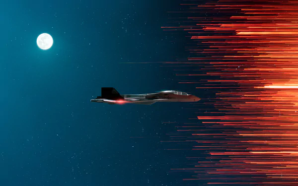Artistic 5K Ultra HD PC desktop wallpaper: a stealth aircraft crosses a starry teal sky toward streaking red light trails, the moon glowing on the left.