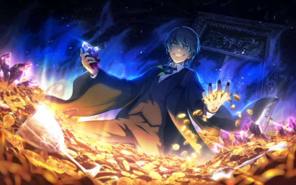 HD PC desktop wallpaper featuring Kaito from Project Sekai: Colorful Stage! feat. Hatsune Miku, surrounded by glowing coins and blue flames in a dramatic video game scene.
