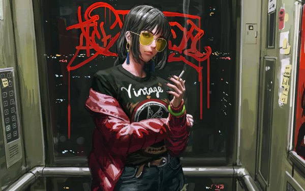 HD anime desktop wallpaper featuring a girl with short hair, wearing a vintage tee and red jacket, smoking in an urban setting with graffiti in the background.