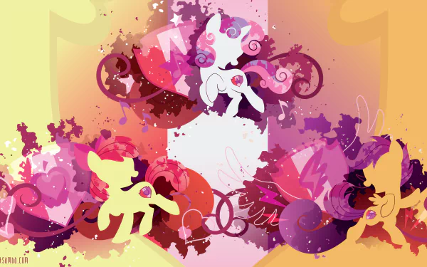 Minimalist 4K PC desktop wallpaper featuring Scootaloo, Apple Bloom and Sweetie Belle from My Little Pony: Friendship Is Magic amid colorful abstract swirls and hearts.