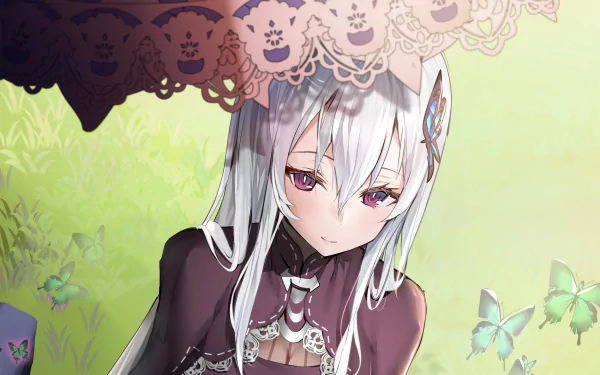 HD PC desktop wallpaper of Echidna (Re:ZERO) from Re:Zero - Starting Life in Another World: pale silver‑haired anime witch beneath a lace parasol in a soft green field with butterflies.