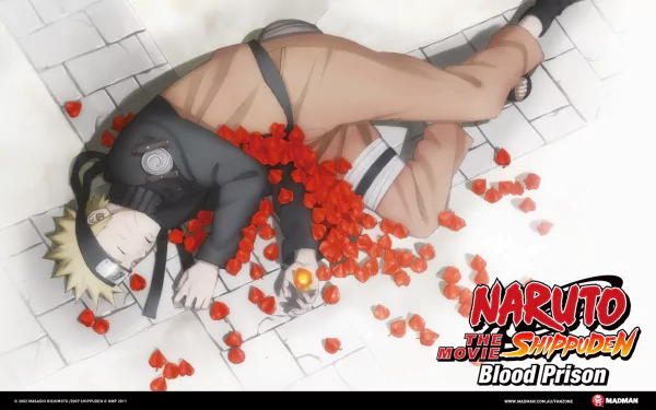 HD PC desktop wallpaper featuring Naruto Uzumaki lying among scattered red roses, from Naruto Shippuden the Movie: Blood Prison.