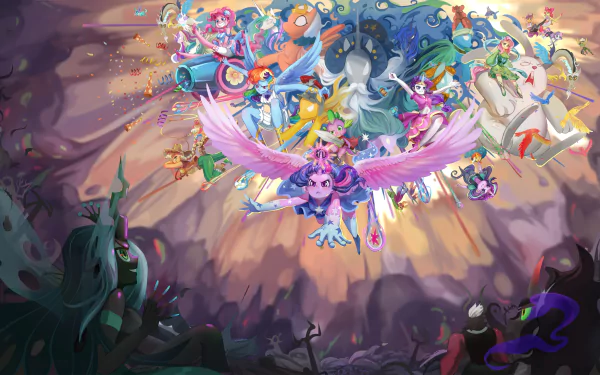 4K Ultra HD PC wallpaper from the TV show My Little Pony: Friendship Is Magic — colorful cast and allies soar in radiant light above a shadowy cavernous landscape.
