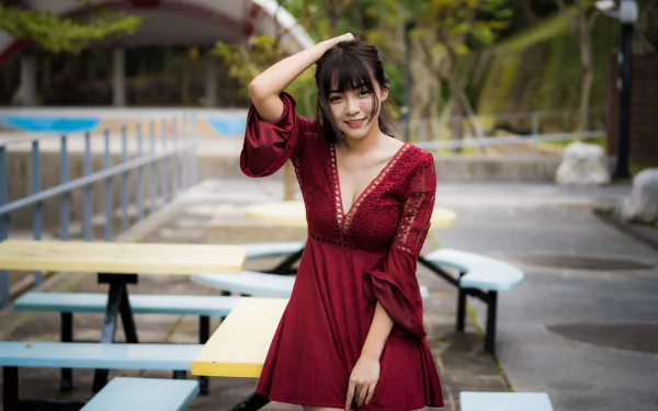 brunette red dress woman asian HD Desktop Wallpaper | Background Image