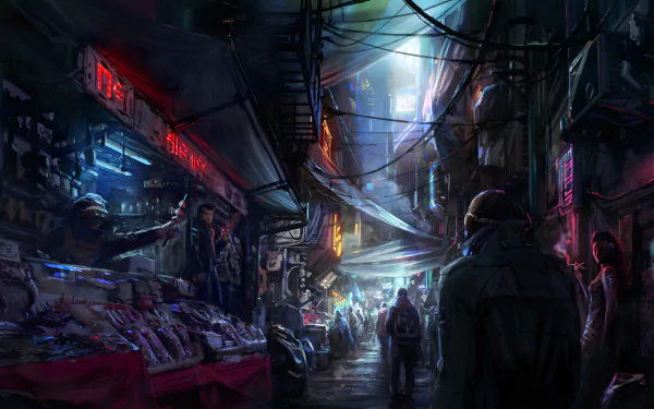 A detailed 4K Ultra HD PC wallpaper depicting a bustling cyberpunk shop scene inspired by the video game Starfield, with neon lights and futuristic elements.