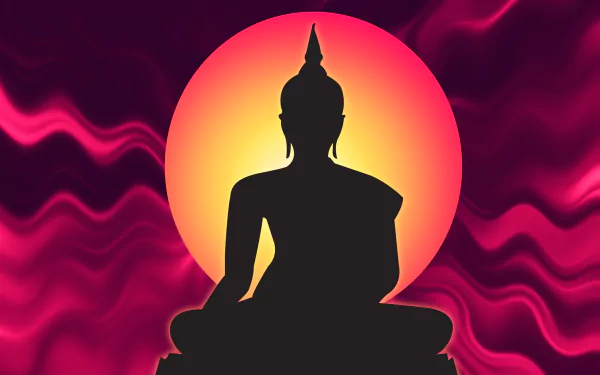 Silhouette of a seated Buddha in meditation before a glowing sun, set against magenta wave patterns — 4K Ultra HD PC desktop wallpaper/background.