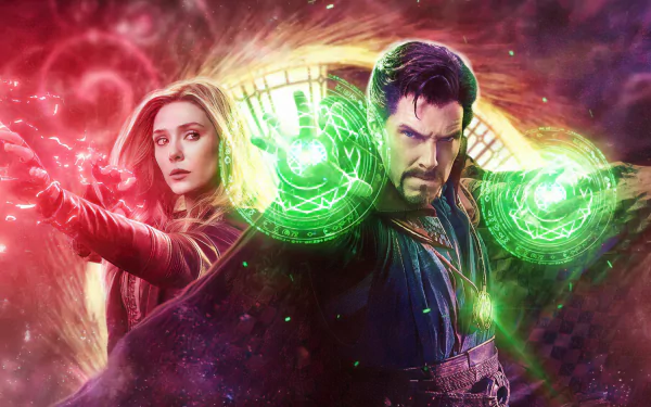 4K Ultra HD wallpaper of Doctor Strange (Benedict Cumberbatch) and Wanda Maximoff (Elizabeth Olsen) from the movie Doctor Strange in the Multiverse of Madness.