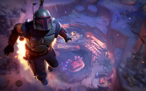 Boba Fett descending into a neon-lit Fortnite arena, cinematic video game scene rendered as an HD PC desktop wallpaper and background.