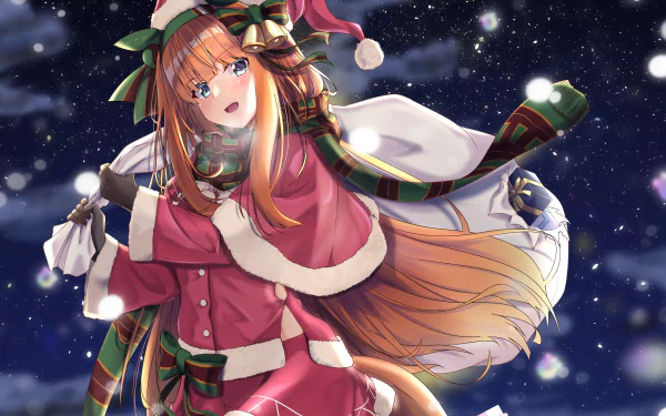 Silence Suzuka from Uma Musume: Pretty Derby in a snowy, starry night, wearing a festive Christmas coat and hat — vibrant anime Christmas 2K Quad HD PC desktop wallpaper.