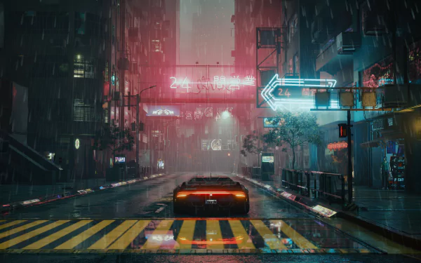 A striking 4K Ultra HD wallpaper from Cyberpunk 2077, featuring a neon-lit rainy cityscape with a sleek car on a yellow-striped street, capturing the game’s futuristic atmosphere.