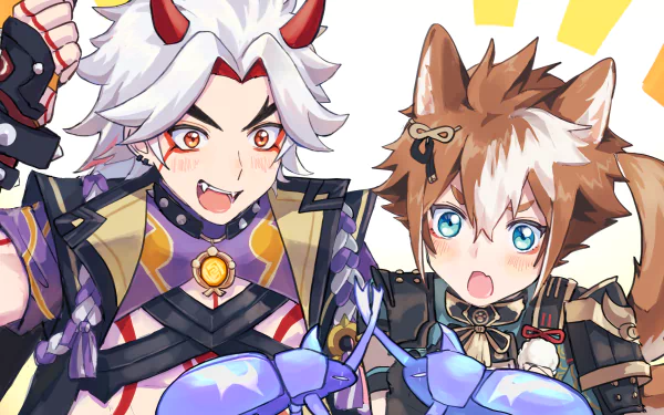 HD PC desktop wallpaper featuring Genshin Impact characters Gorou and Arataki Itto in vibrant anime-style artwork.