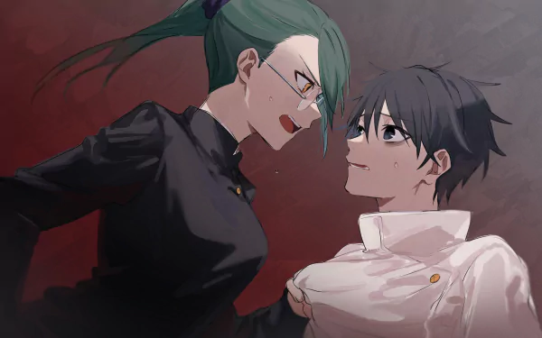 HD anime desktop wallpaper featuring Maki Zenin and Yuta Okkotsu from Jujutsu Kaisen 0 in a dynamic, intense face-to-face moment.