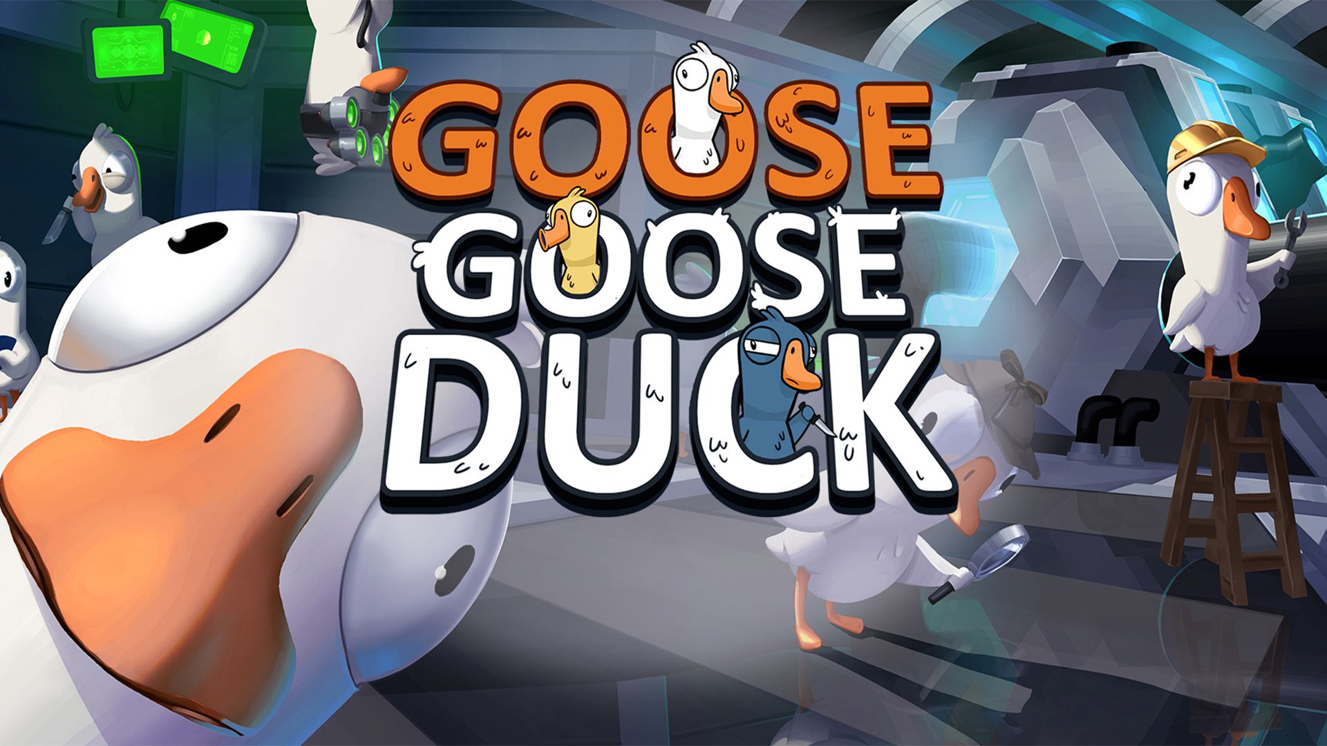 HD desktop wallpaper featuring Goose Goose Duck game graphics with animated geese characters and bold title text.