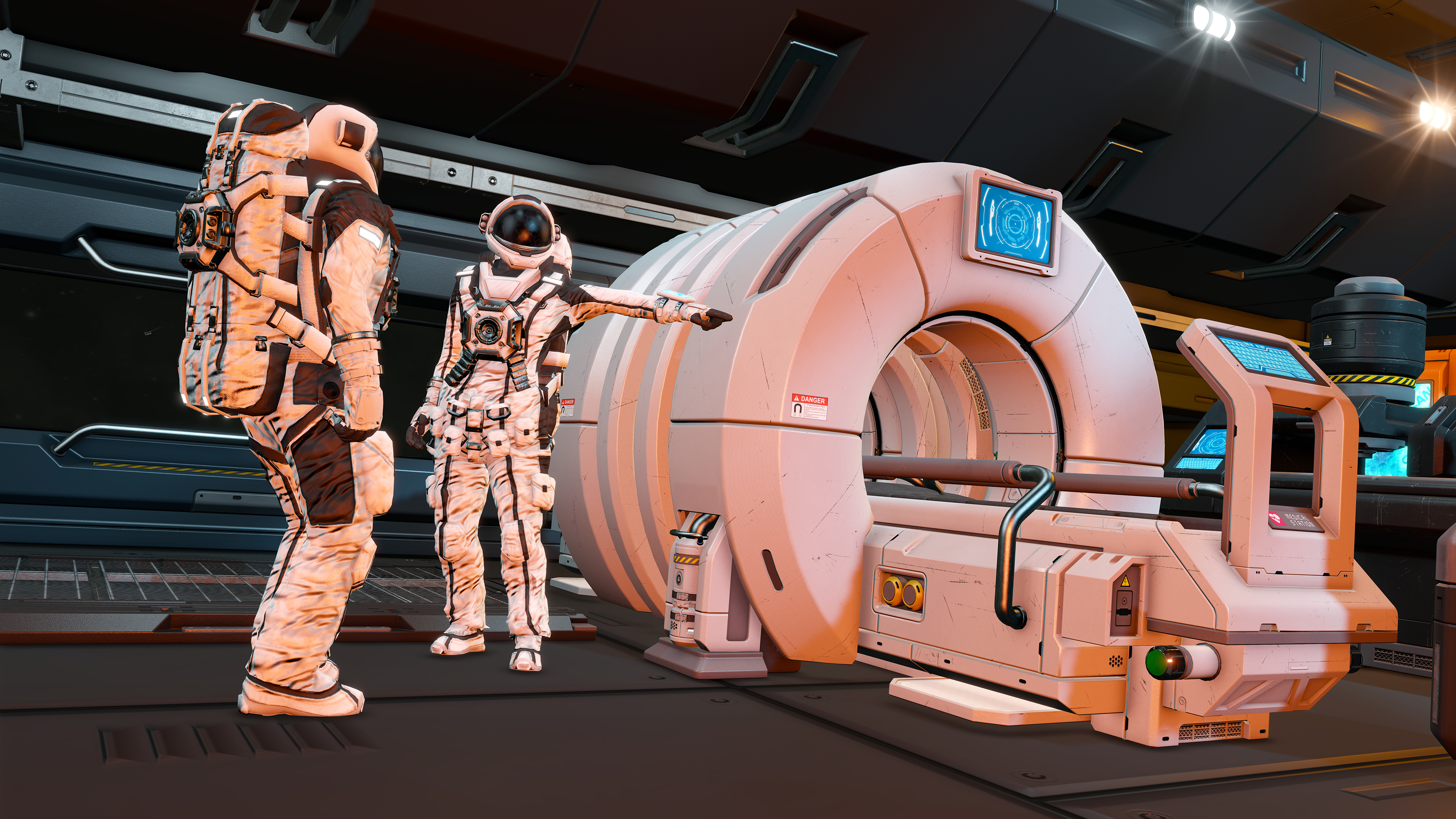 HD desktop wallpaper featuring two space engineers near a futuristic machine, ideal for a space-themed background.