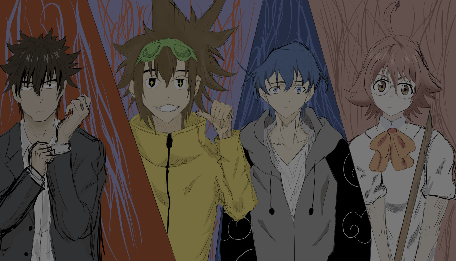 2K Quad HD PC desktop wallpaper of anime The God of High School: Jin Mori, Han Daewi, Yu Mira, and Park Ilpyo posed against red, blue, and brown panels.