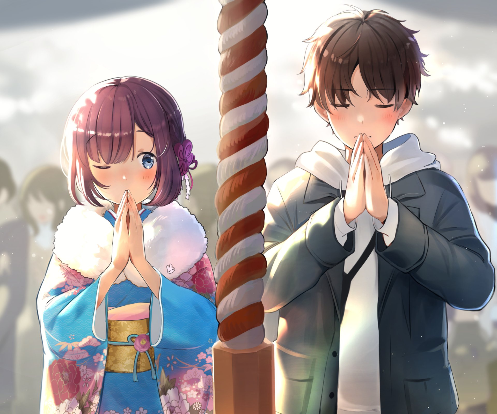 HD PC desktop wallpaper of an anime couple: girl in kimono and boy in coat praying at a shrine rope, soft winter light and blurred festival crowd.