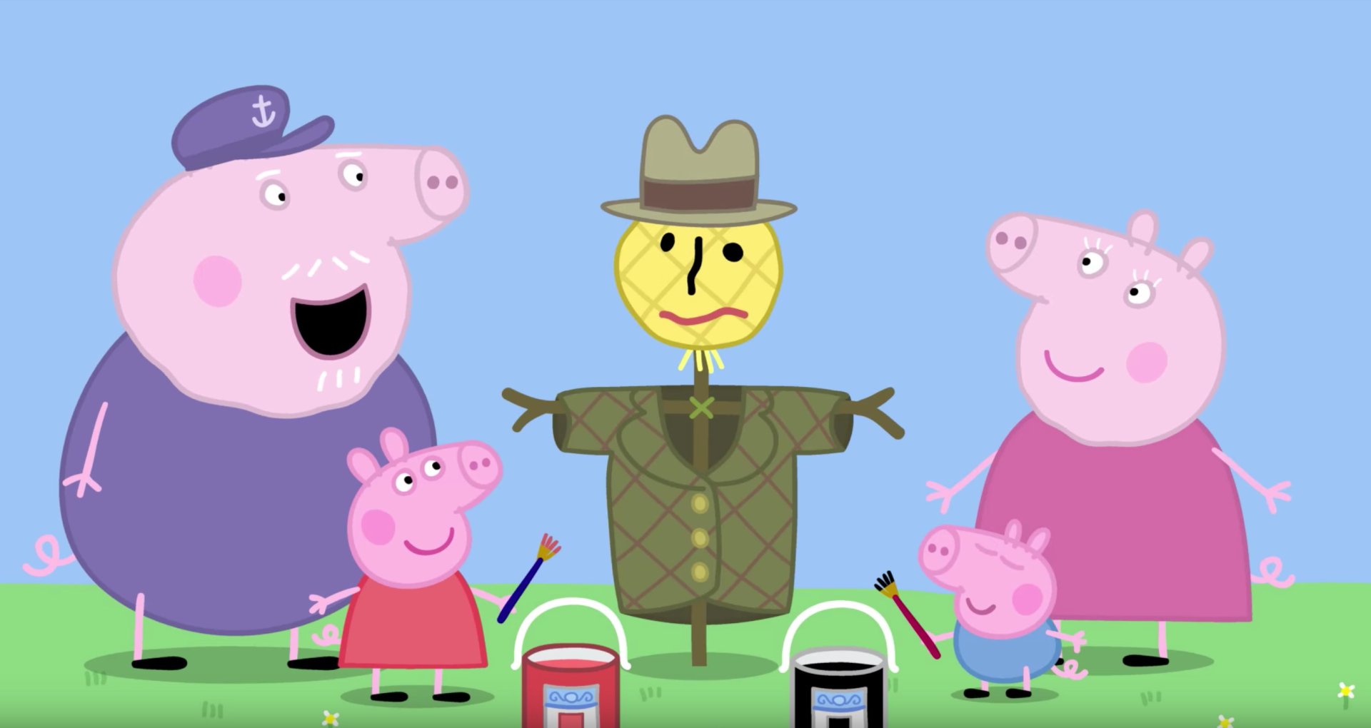 HD desktop wallpaper featuring Peppa Pig and family with a scarecrow on a vibrant green background.