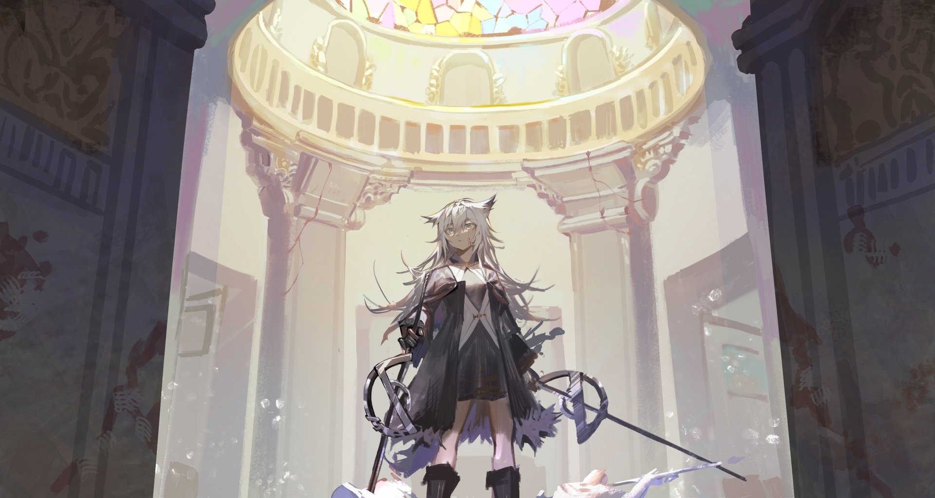 Lappland (Arknights) stands in a luminous cathedral hall beneath a stained-glass dome, blades and chains at her sides — 5K Ultra HD PC wallpaper/background, Arknights video game art.
