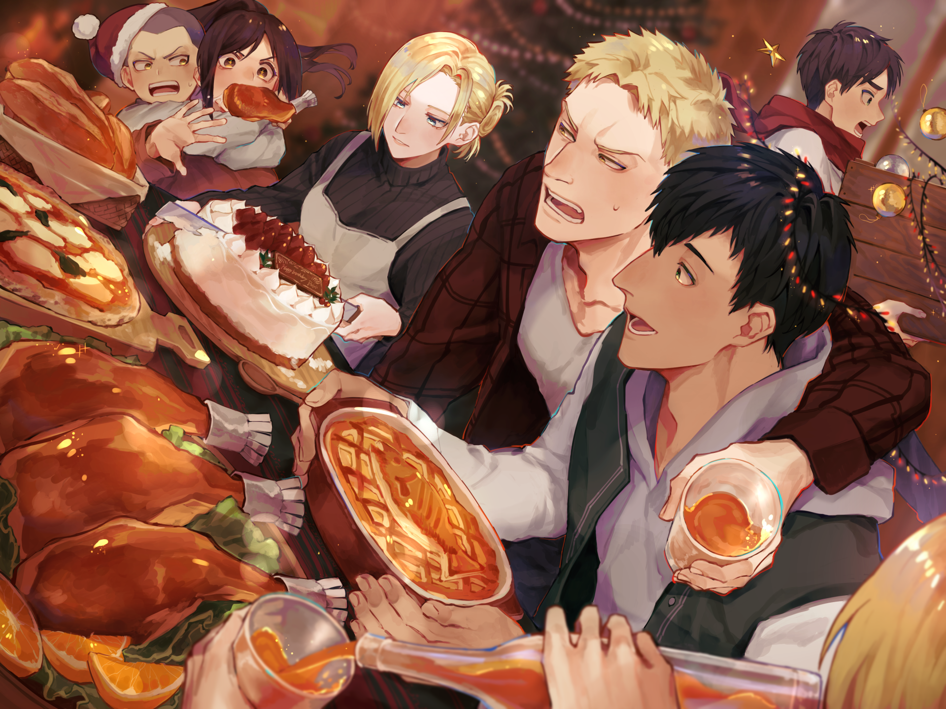 Attack on Titan 2K Quad HD wallpaper: Sasha, Reiner, Eren, Connie, Bertholdt and Annie laughing and sharing a lively feast at a crowded table.
