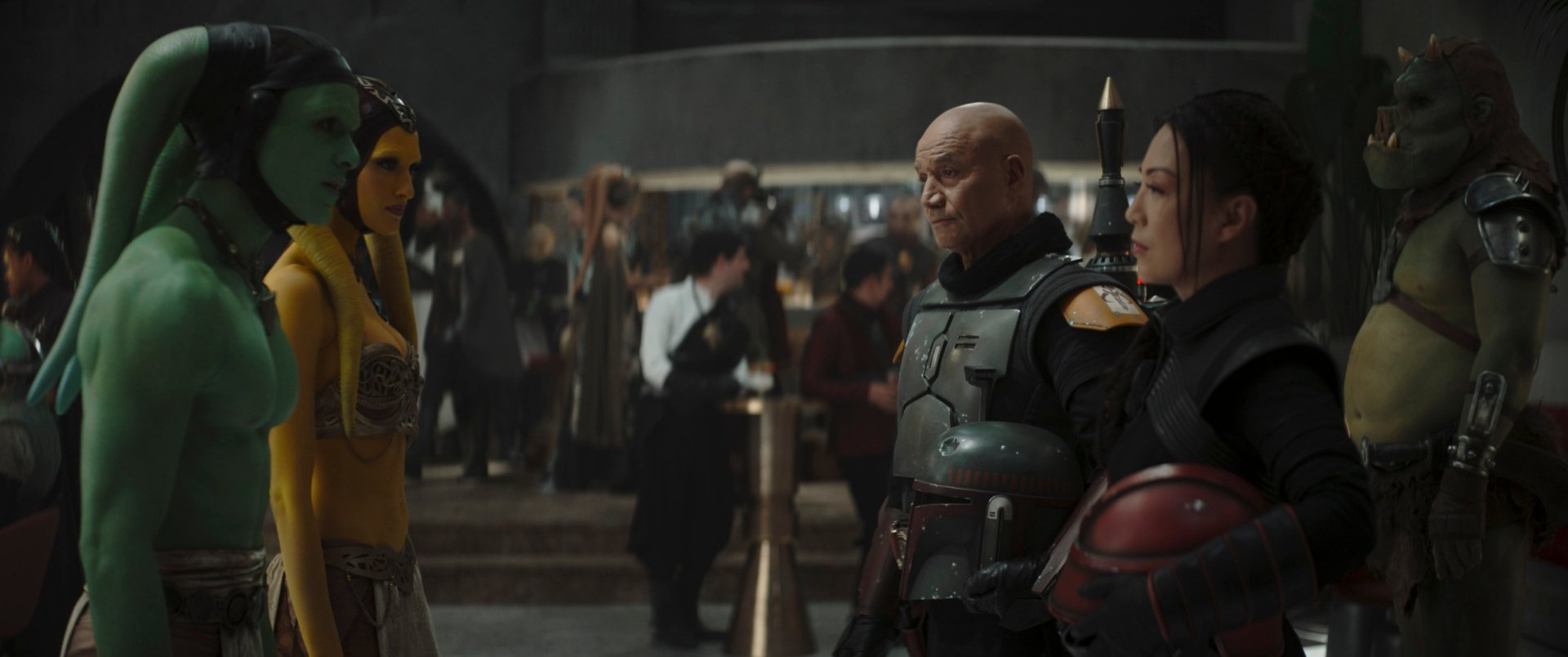 HD desktop wallpaper featuring Fennec Shand and Boba Fett, played by Ming-Na Wen and Temuera Morrison, from the TV show The Book of Boba Fett.