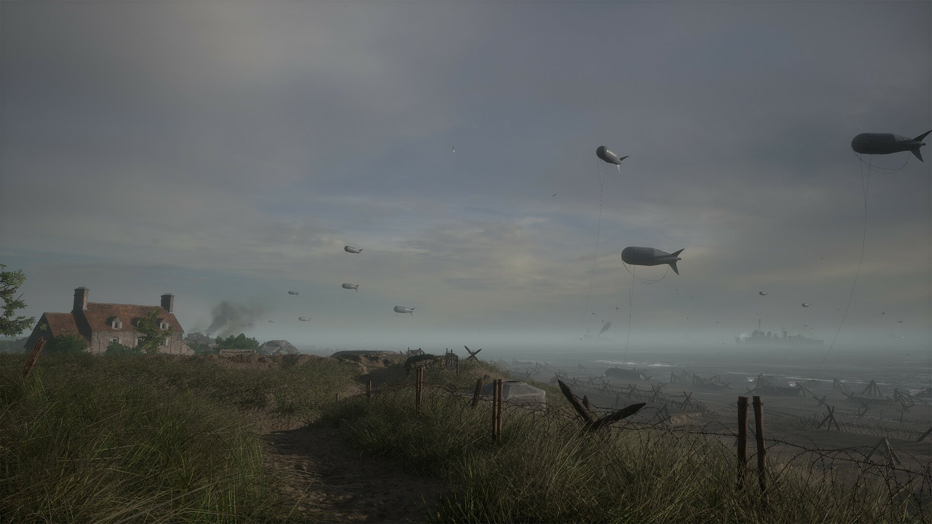 HD desktop wallpaper featuring a scene from Hell Let Loose with a WW2 battlefield, barrage balloons in the sky, and a historic rural landscape background.