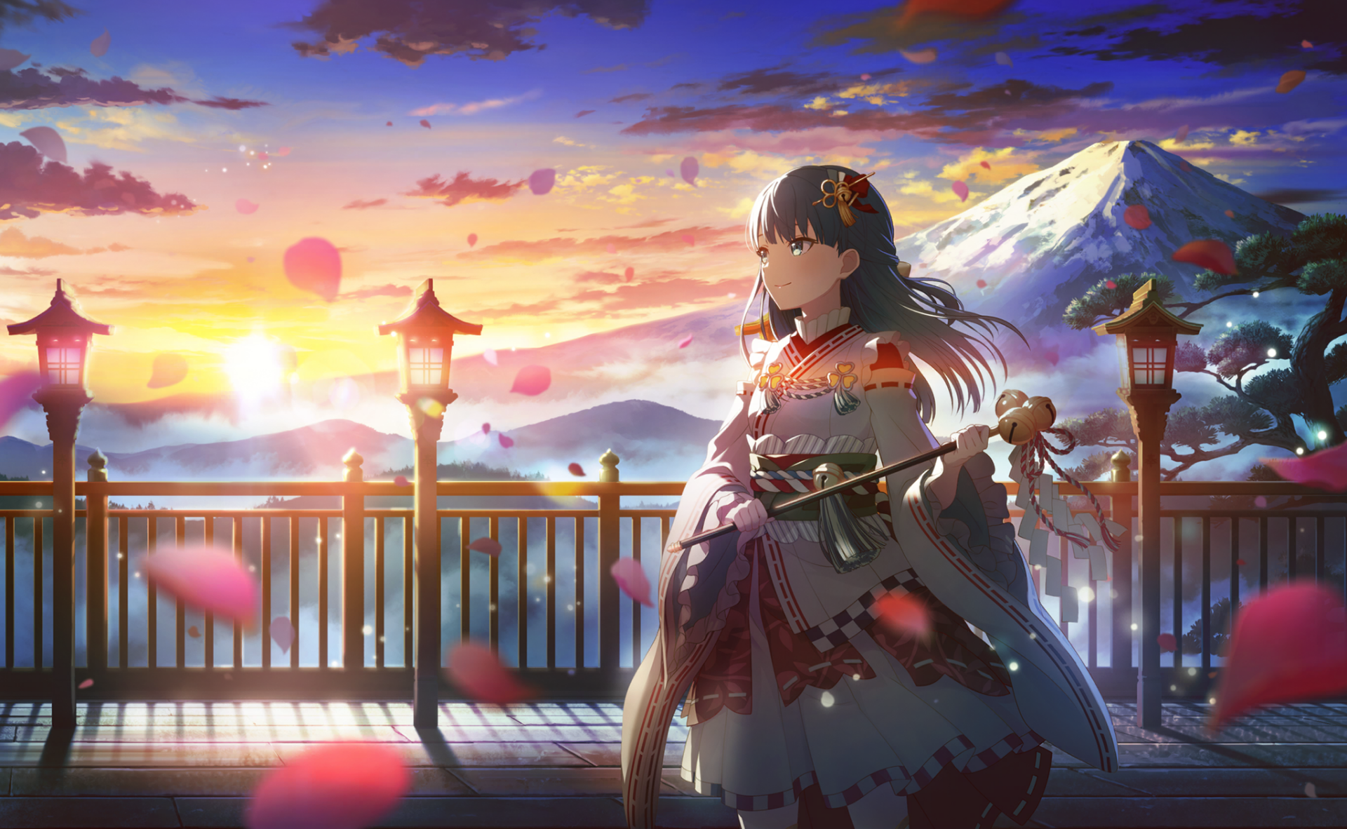 HD PC desktop wallpaper featuring Kiritani Haruka from the video game Project Sekai: Colorful Stage! feat. Hatsune Miku, set against a vibrant sunset with Mount Fuji in the background.