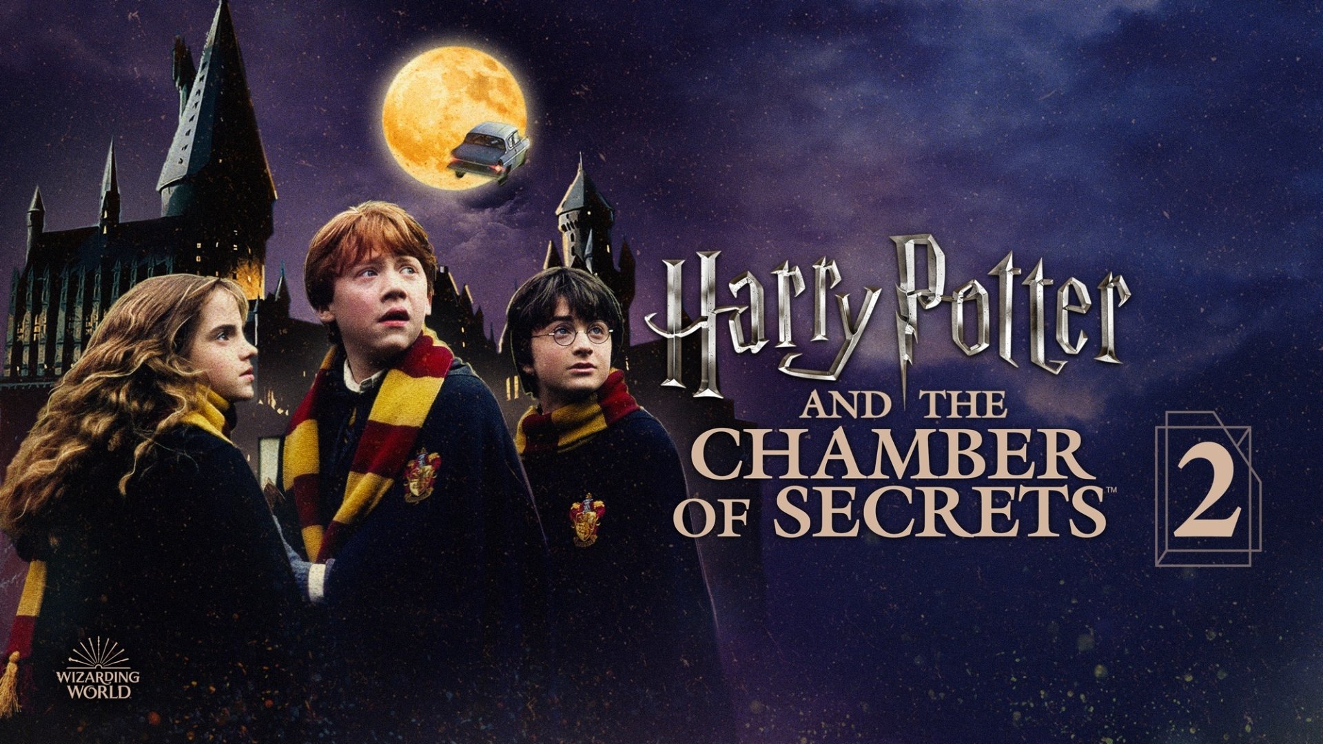 HD PC desktop wallpaper of Harry Potter, Ron Weasley and Hermione Granger in Hogwarts robes beneath a full moon, Hogwarts towers in the background and the title Harry Potter and the Chamber of Secrets with a 2 logo.