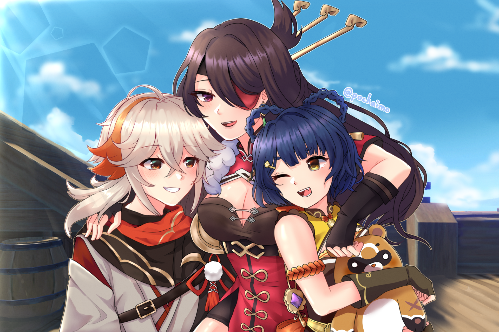 2K Quad HD PC desktop wallpaper of the video game Genshin Impact characters Xiangling (with Guoba), Beidou and Kaedehara Kazuha embracing on a sunlit ship deck under a blue sky.