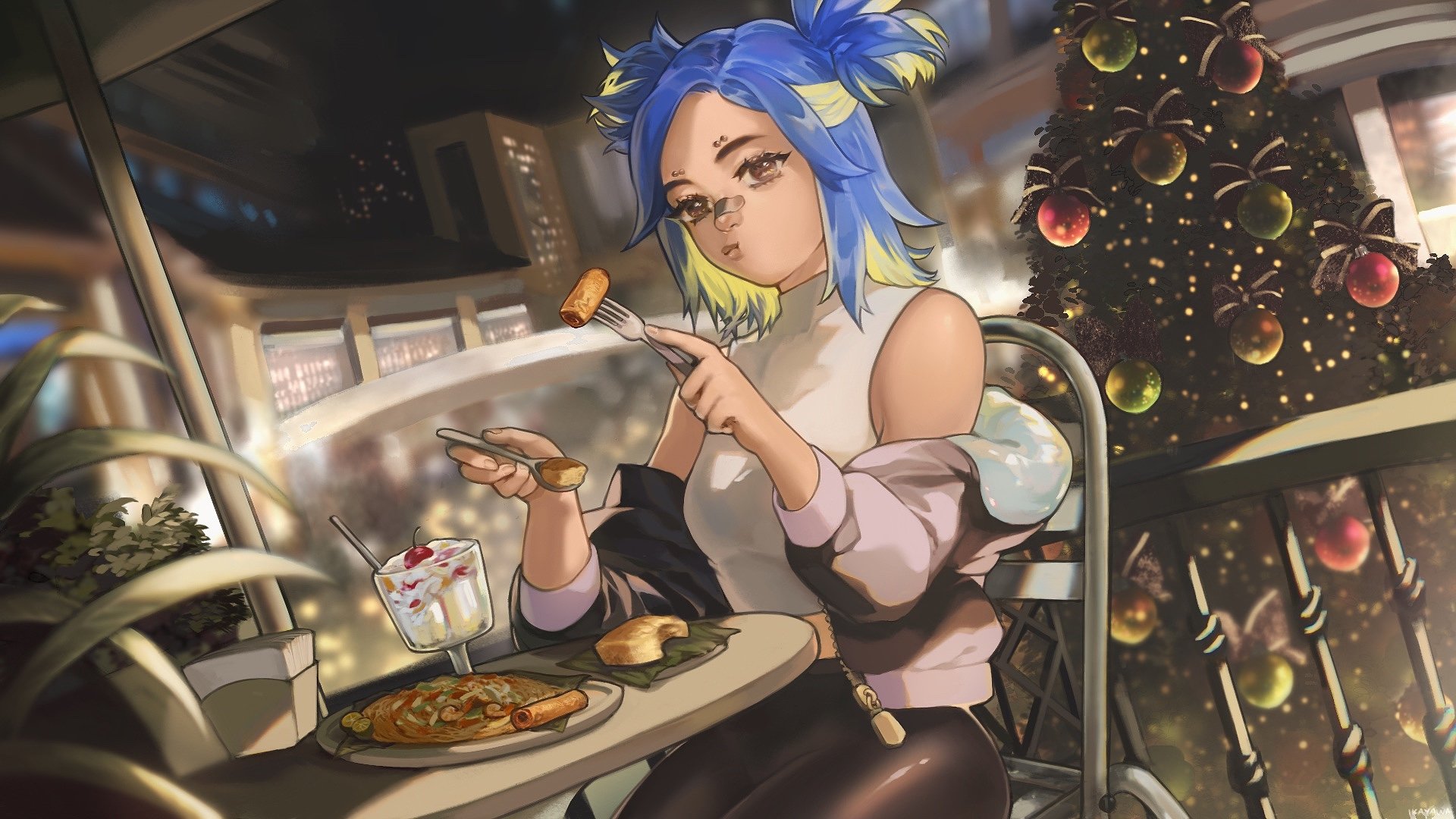 HD PC desktop wallpaper of video game character Neon (Valorant): blue‑haired agent eating dessert at a café table with holiday lights and a decorated Christmas tree.