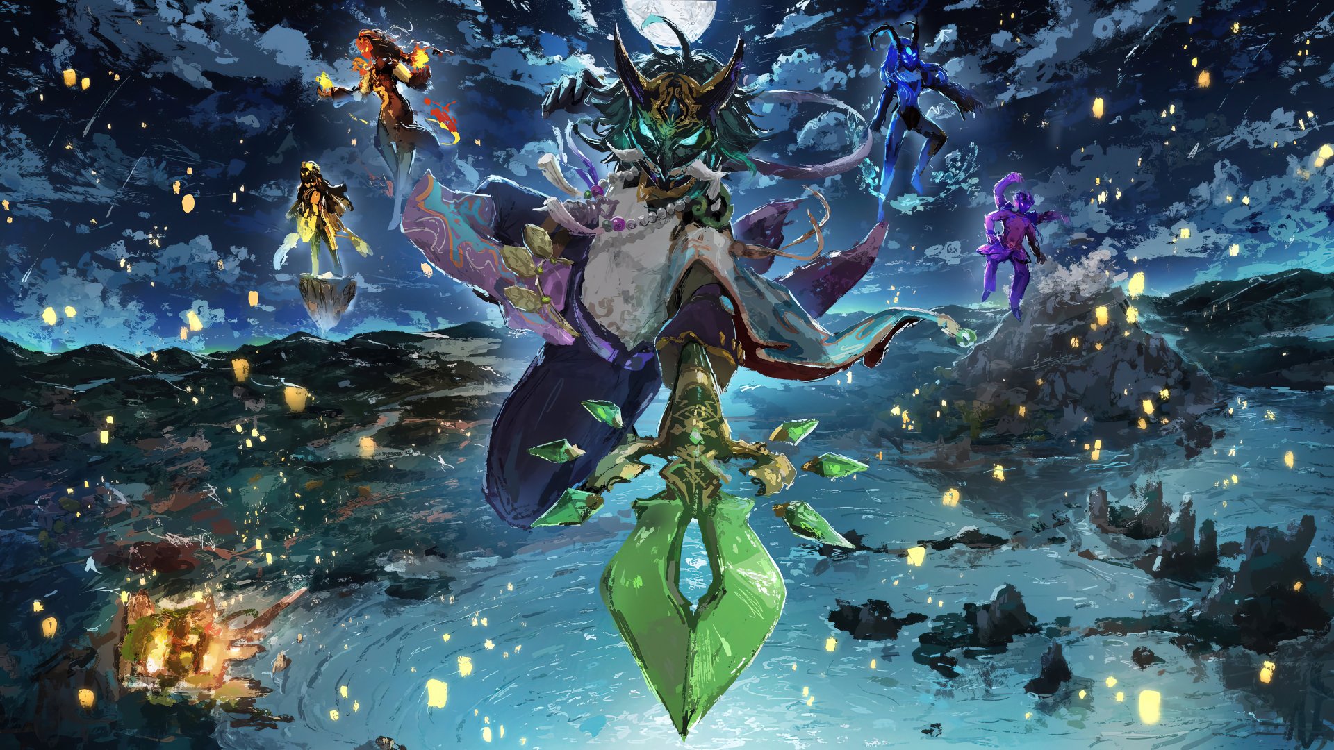 4K Ultra HD Genshin Impact wallpaper featuring Xiao in dynamic action with vibrant effects, set against a dramatic night sky and mountainous landscape.