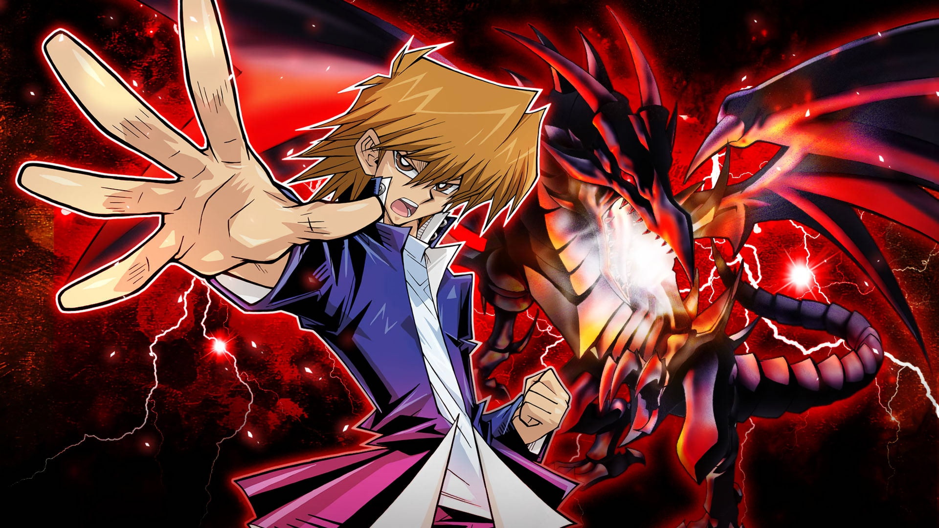HD desktop wallpaper featuring Joey Wheeler from Yu-Gi-Oh! Duel Links, striking a dynamic pose alongside a fierce dragon in a dramatic, fiery background.