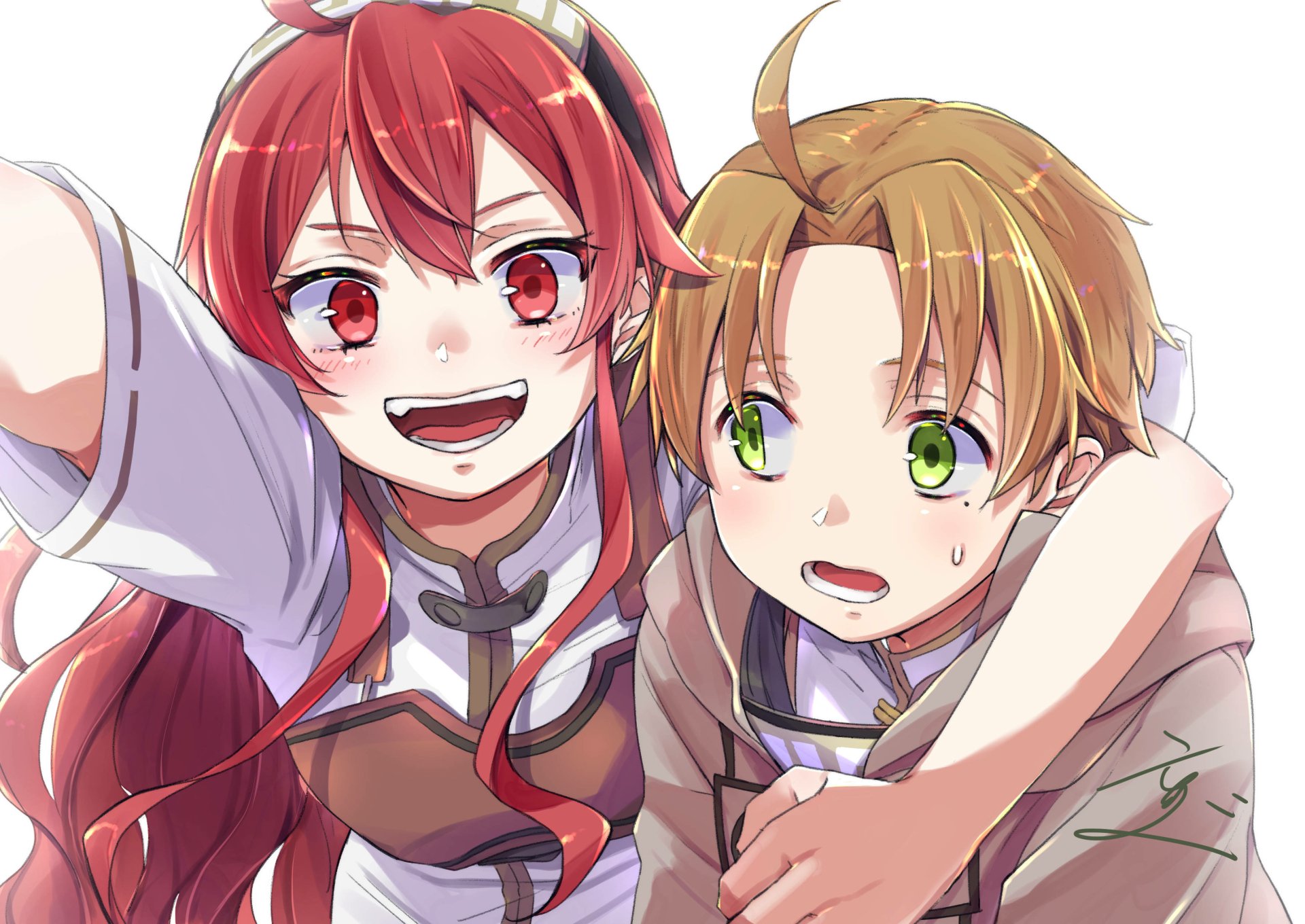 Rudeus Greyrat and Eris Boreas Greyrat from Mushoku Tensei, close-up cheerful selfie as Eris hugs Rudeus — 2K Quad HD PC anime desktop wallpaper.