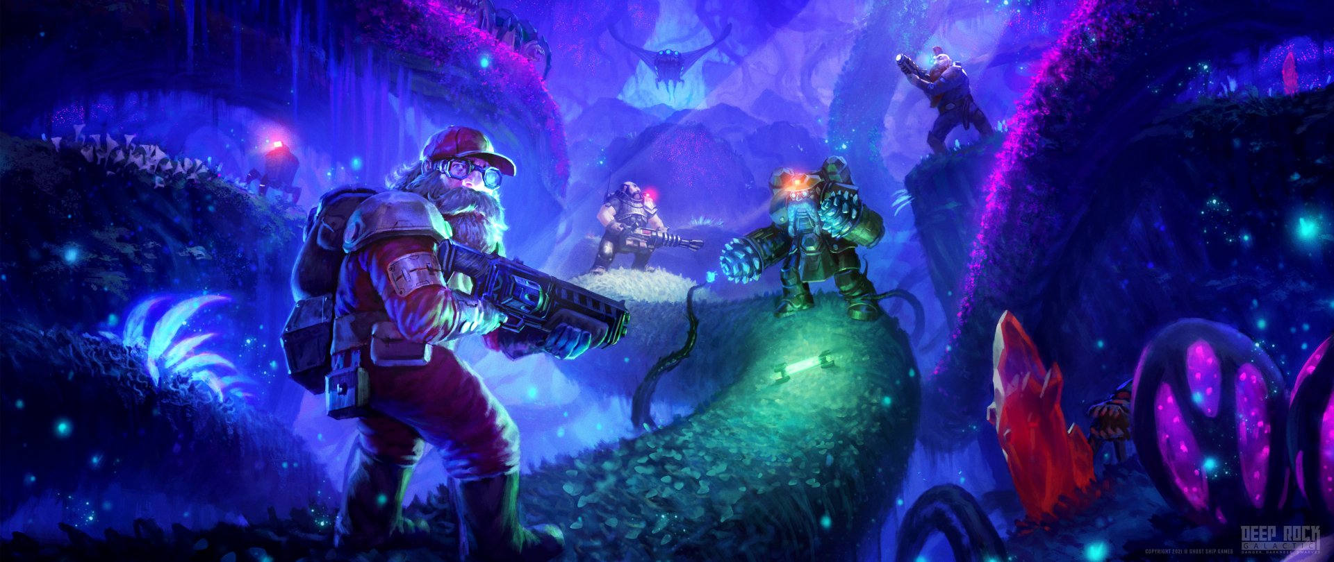 HD Deep Rock Galactic desktop wallpaper featuring space dwarves in a vibrant alien cave environment.