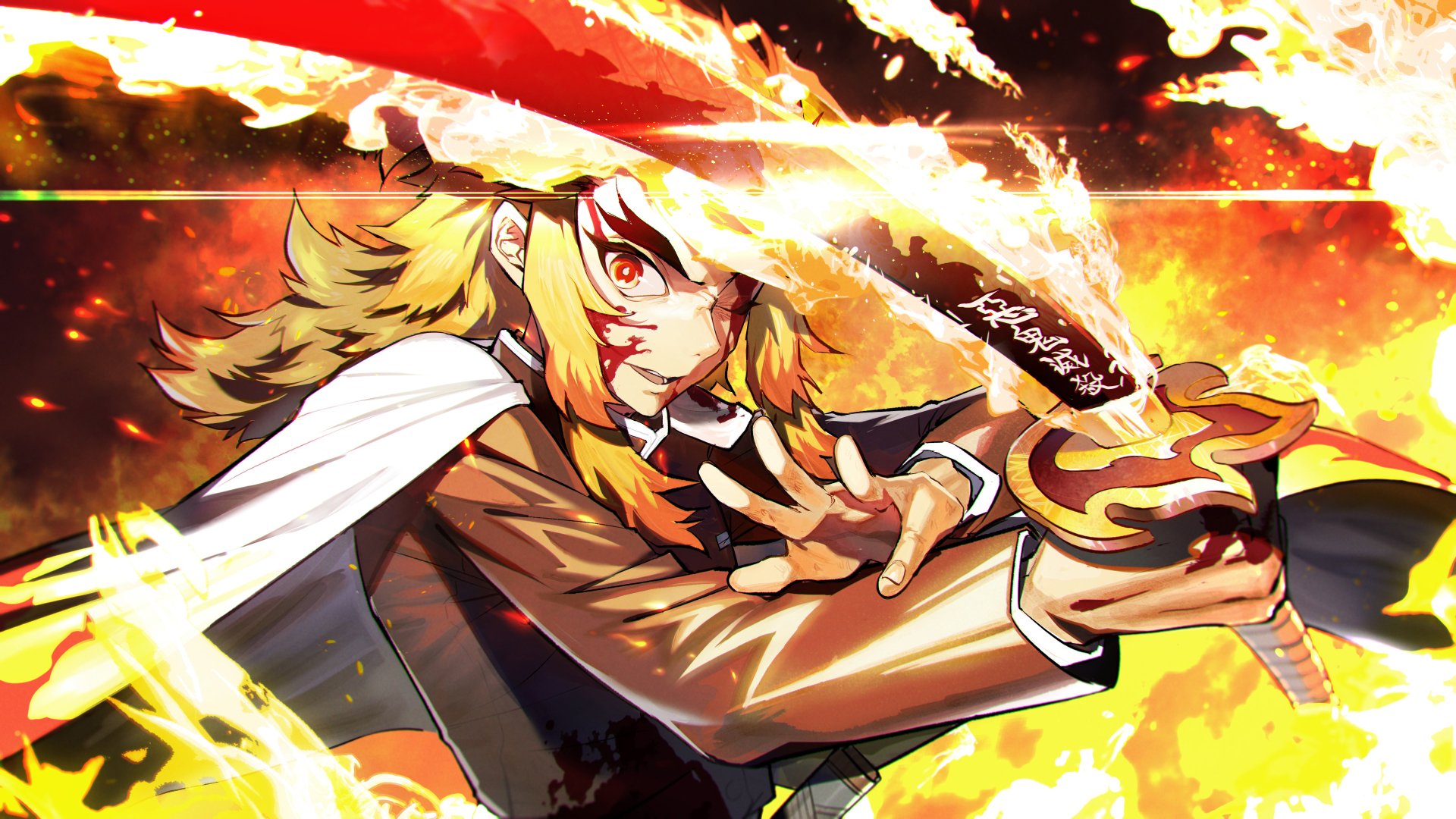 Kyojuro Rengoku from Demon Slayer: Kimetsu no Yaiba depicted in vibrant flames, rendered in stunning 4K Ultra HD for a dynamic anime PC desktop wallpaper.