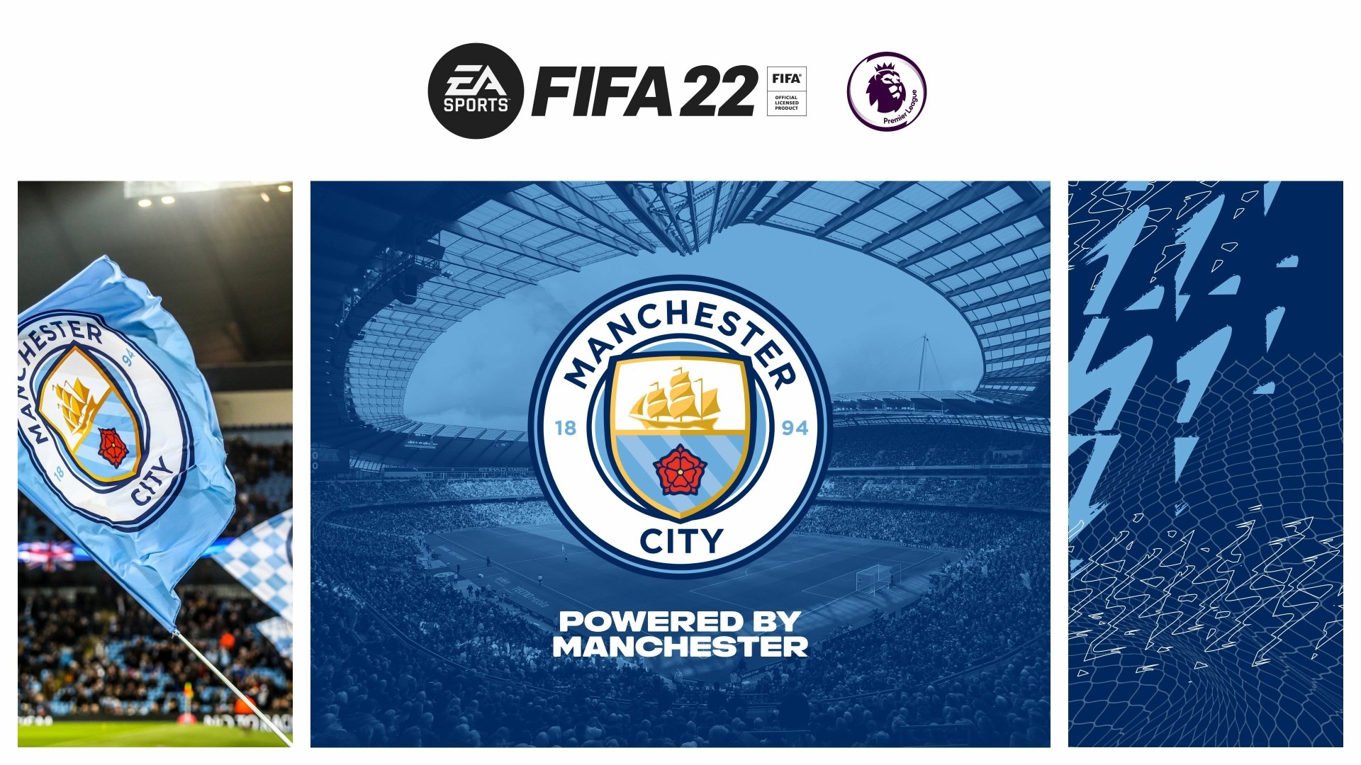 4K Ultra HD PC wallpaper showing Manchester City F.C. crest and stadium art with FIFA 22 video game branding and Premier League logo on a blue-themed background.