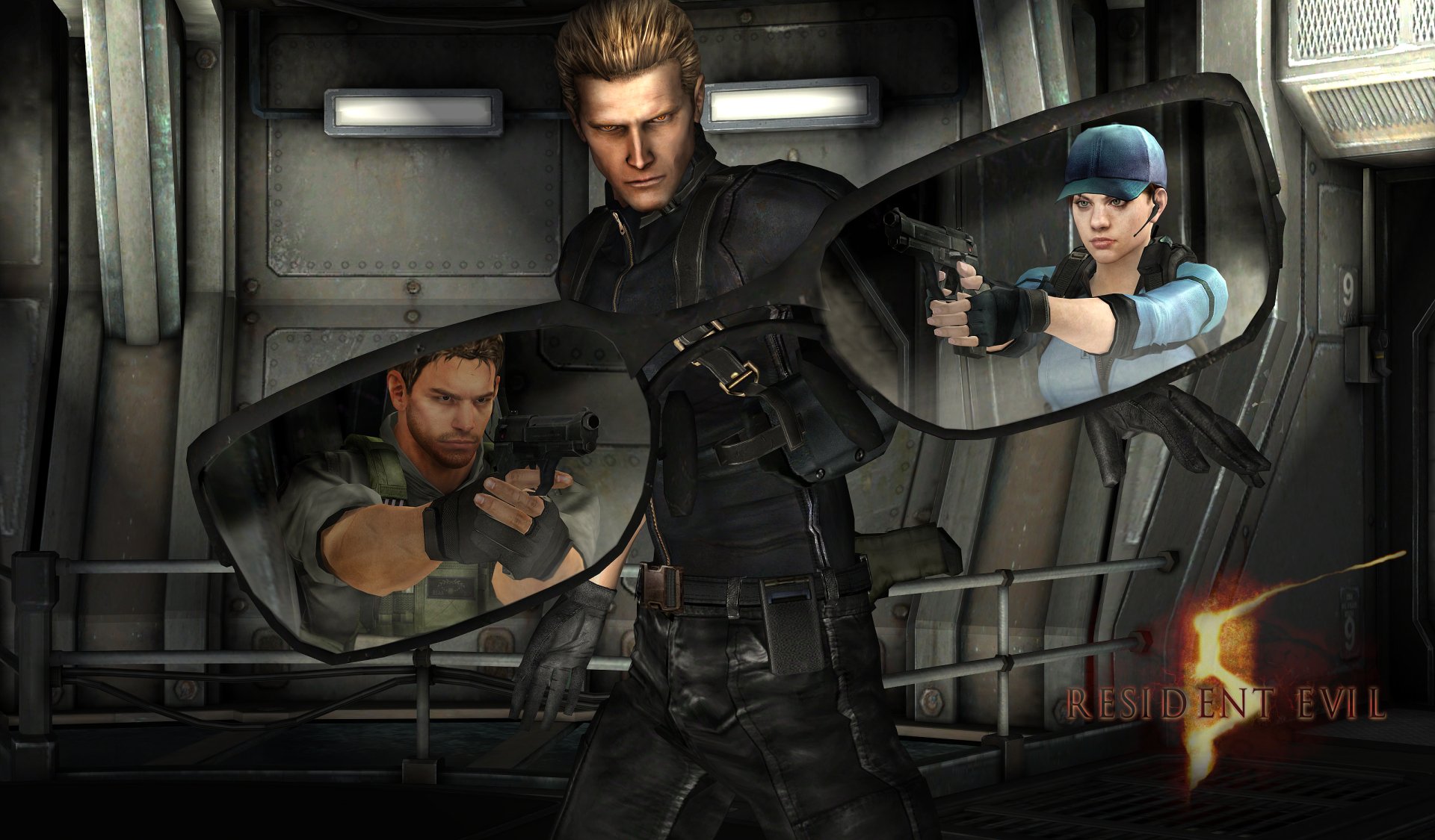 Resident Evil video game 2K Quad HD PC desktop wallpaper: central tactical male aims a gun in an industrial corridor, flanked by two inset characters — a rugged man and a blue-capped woman firing pistols.
