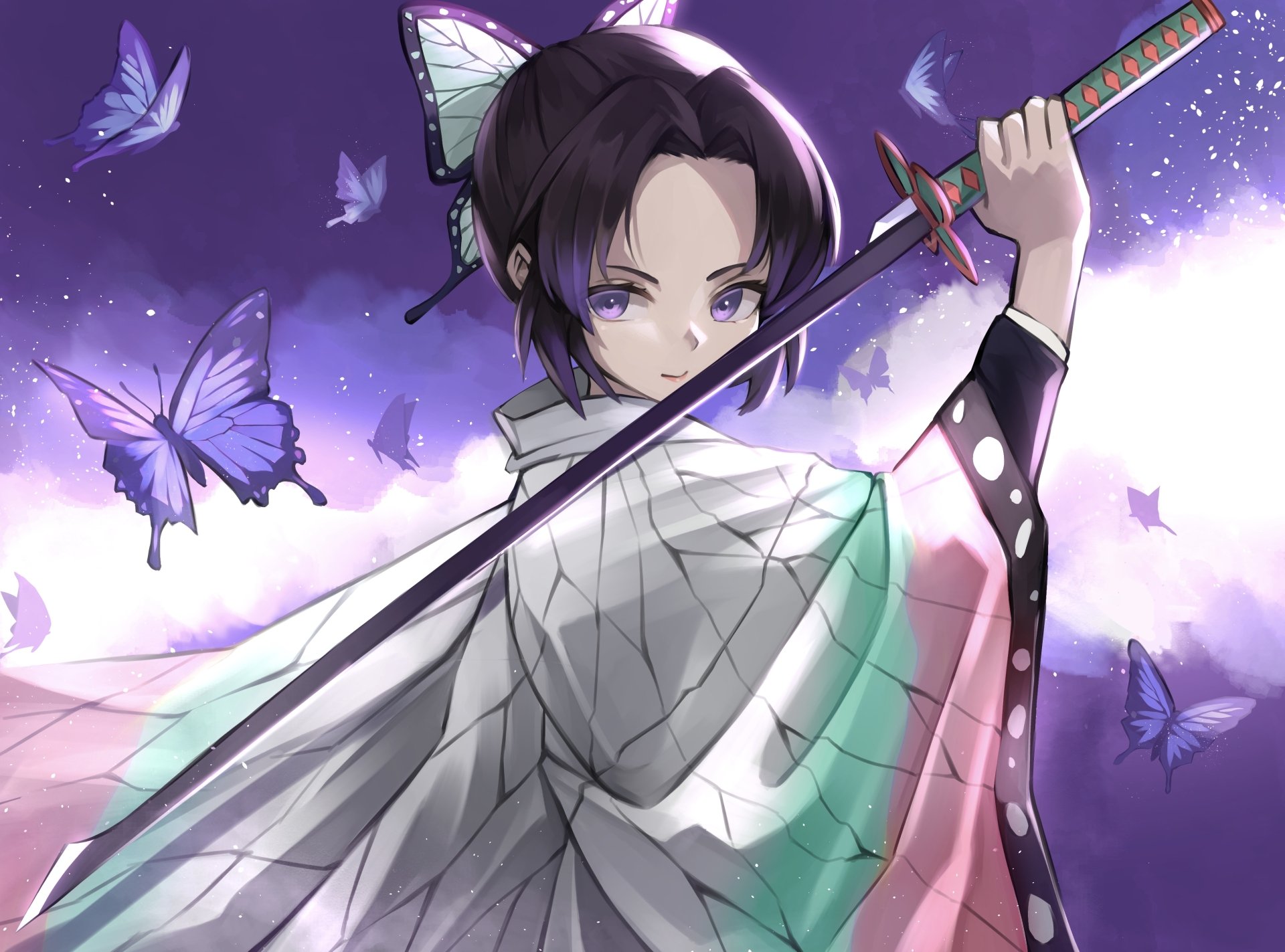 4K Ultra HD anime wallpaper featuring Shinobu Kocho from Demon Slayer: Kimetsu no Yaiba, surrounded by glowing purple butterflies against a vibrant, mystical background.