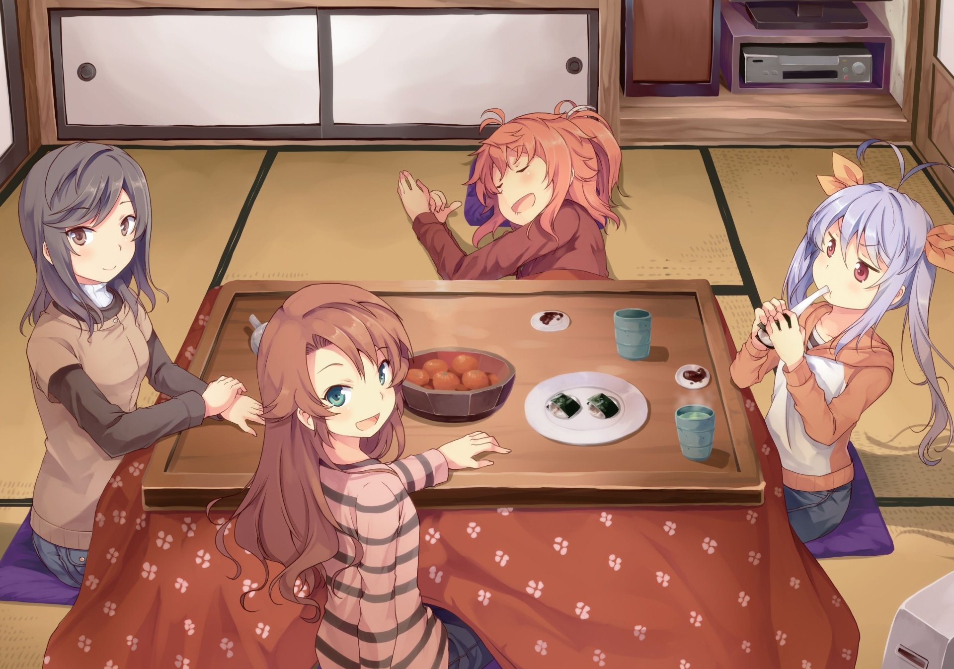 HD anime desktop wallpaper featuring Hotaru Ichijou, Komari Koshigaya, Natsumi Koshigaya, and Renge Miyauchi from Non Non Biyori gathered around a kotatsu table.