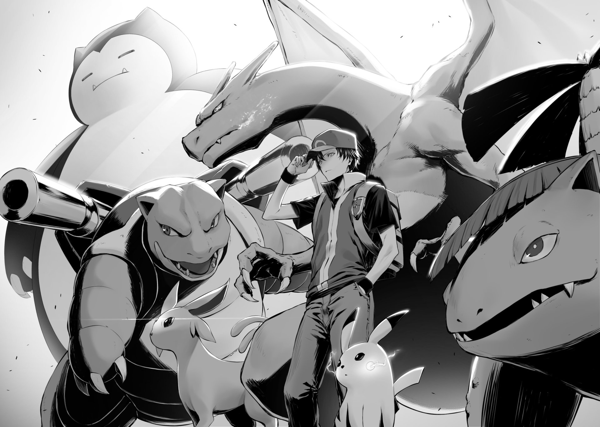 Black-and-white anime-style HD PC desktop wallpaper featuring a Pokémon Trainer surrounded by iconic Pokémon like Snorlax, Charizard, Blastoise, and Pikachu.
