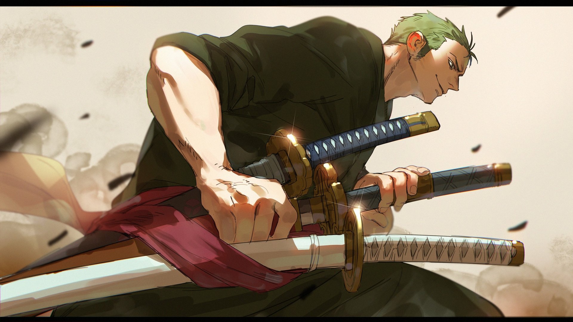 HD PC desktop wallpaper featuring Roronoa Zoro from the anime One Piece, gripping three swords with a determined expression.