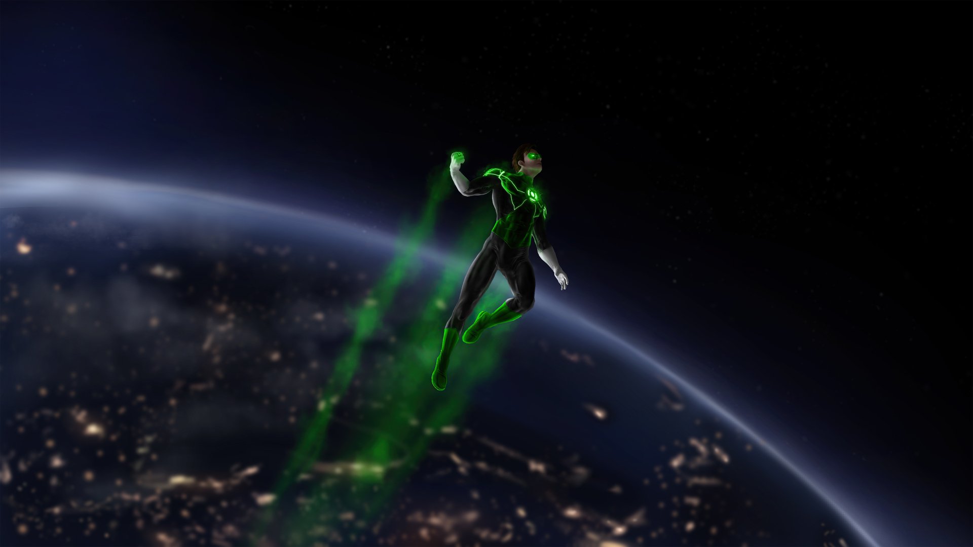 Hal Jordan as Green Lantern flies above Earth, glowing with green energy in this 4K Ultra HD DC Comics superhero desktop wallpaper.