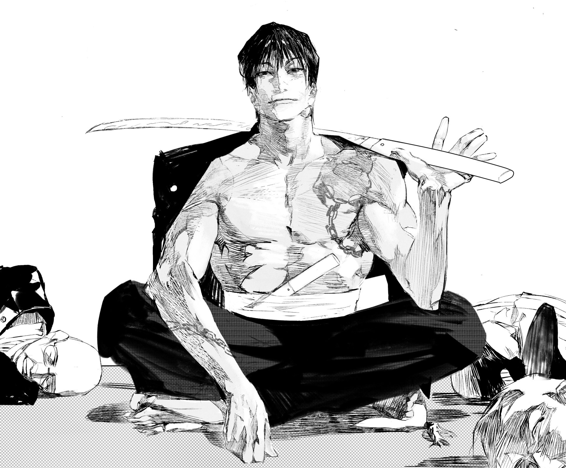 Toji Fushiguro from Jujutsu Kaisen seated shirtless with a sword across his shoulders in a monochrome sketch — 2K Quad HD PC desktop wallpaper background, anime.