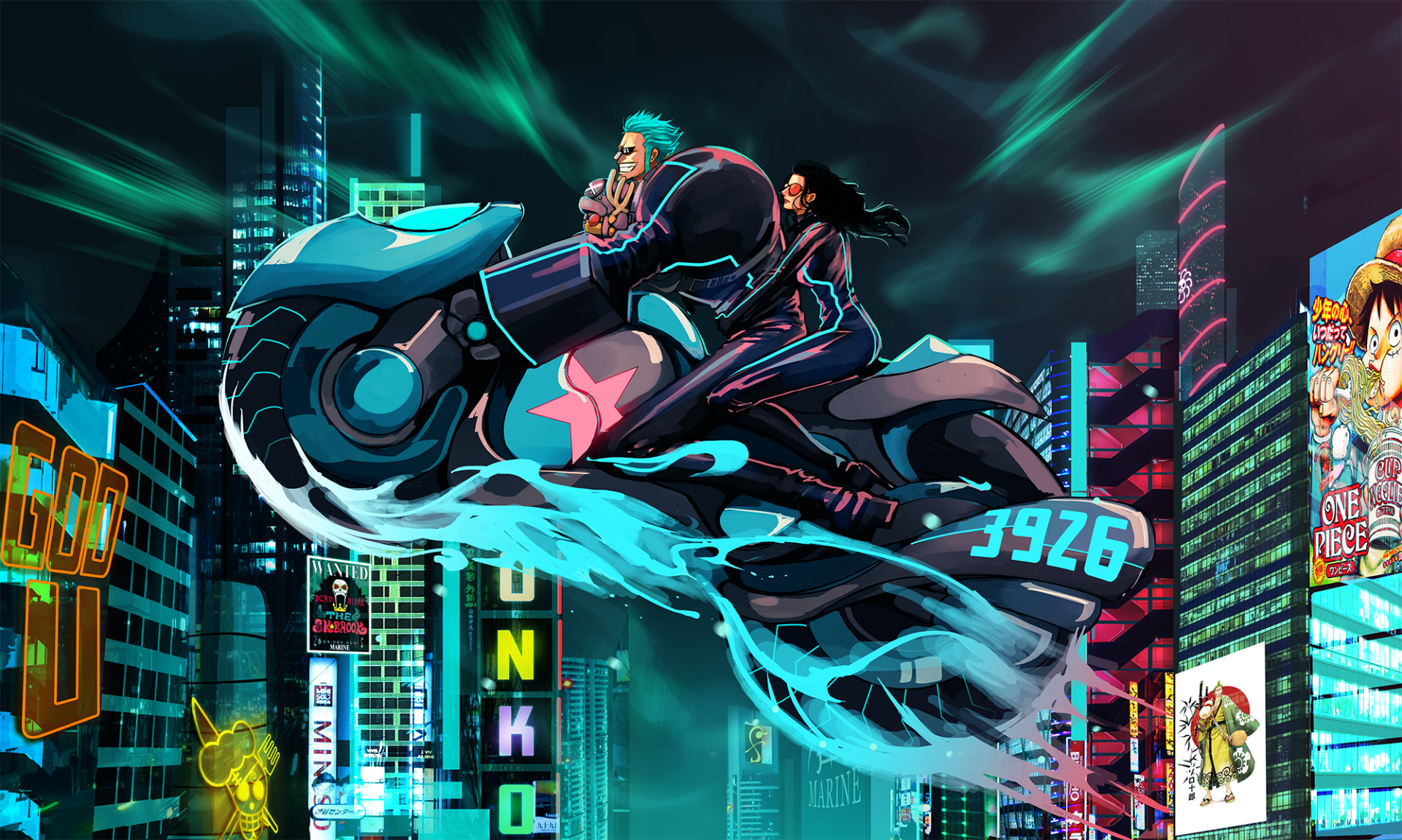 One Piece: Two Years Later wallpaper — Franky on a neon cyber-bike with Nico Robin and Tony Tony Chopper soaring through a glowing city skyline at night, HD desktop background.