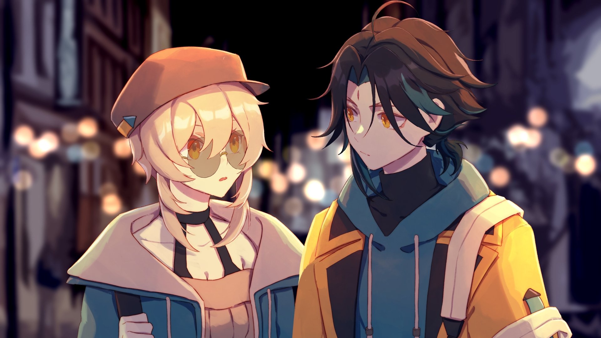 4K Ultra HD PC wallpaper featuring Lumine and Xiao from the video game Genshin Impact, showcasing detailed character art against a softly blurred urban night background.