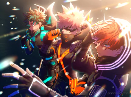 A dynamic HD wallpaper featuring Shoto Todoroki, Izuku Midoriya, and Katsuki Bakugou from the anime My Hero Academia, showcasing their iconic styles and intense expressions.