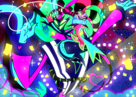 2K Quad HD PC wallpaper background of Helluva Boss characters Fizzarolli and Asmodeus in neon, chaotic party-style TV show artwork.